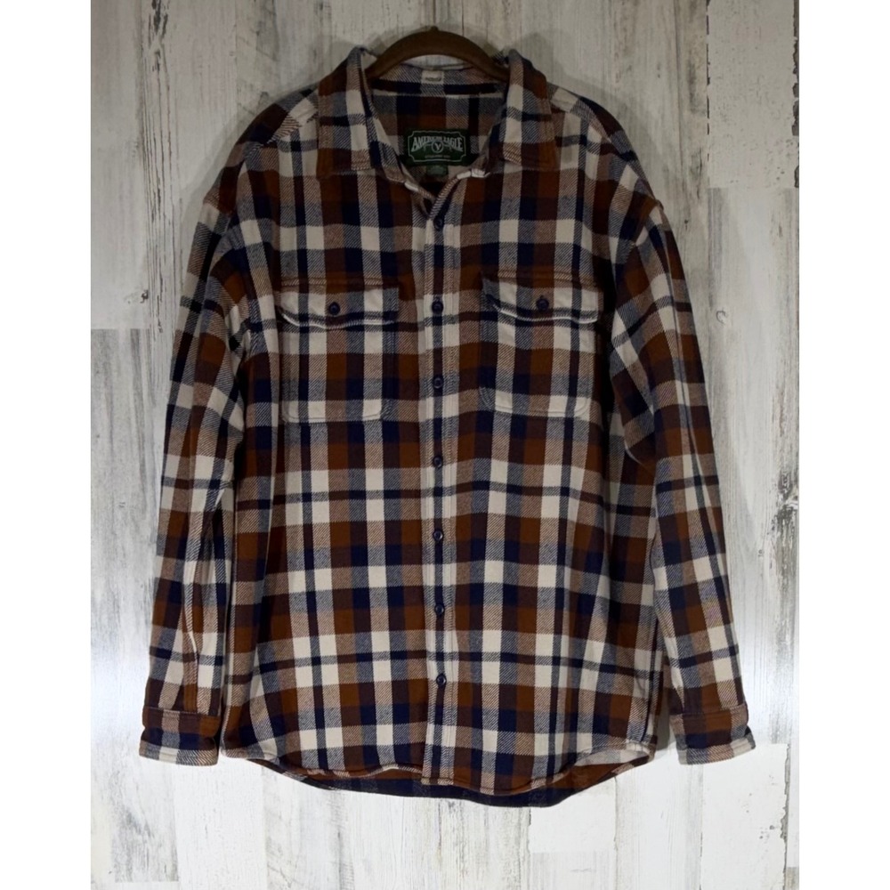 American Eagle Flannel Shirt Jacket Shacket Large Brown Navy Plaid Button Up